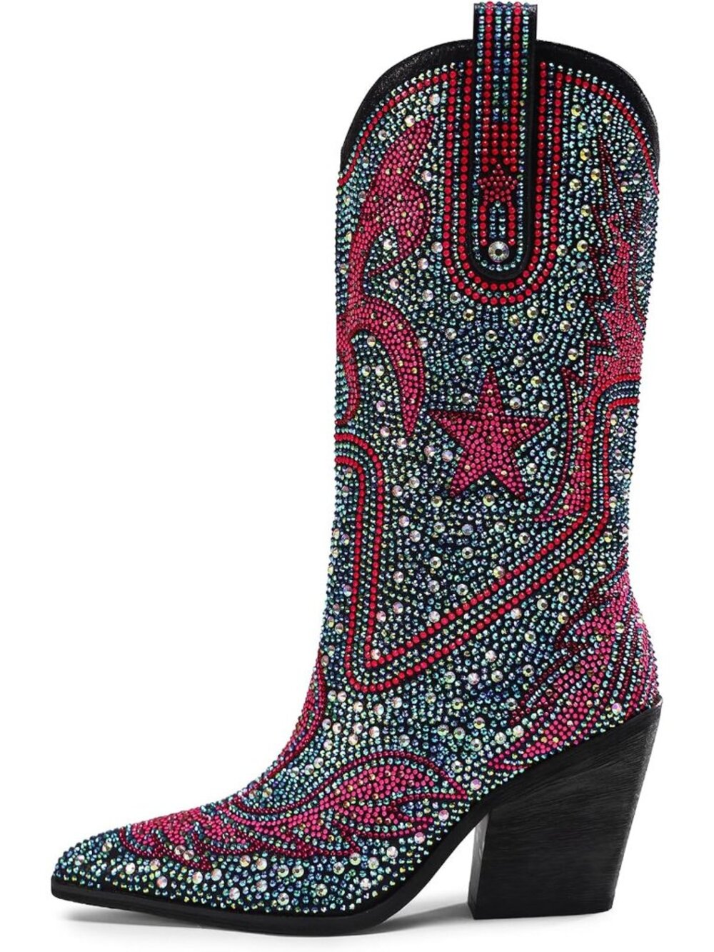 Women's Multi Pink Sparkly Pointed Toe Chunky Block Heel Western Cowgirl Boots - Picture 4 of 5